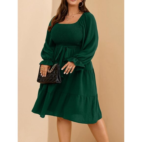 Plus Size Fall Dress Women Long Sleeve Smocked Square Neck A-Line Party - Picture 6 of 8